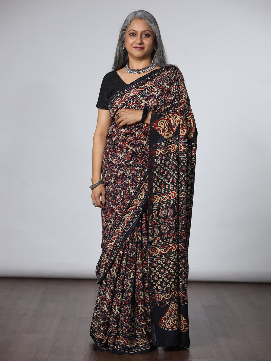 Ajrakh Modal Silk Saree - Black