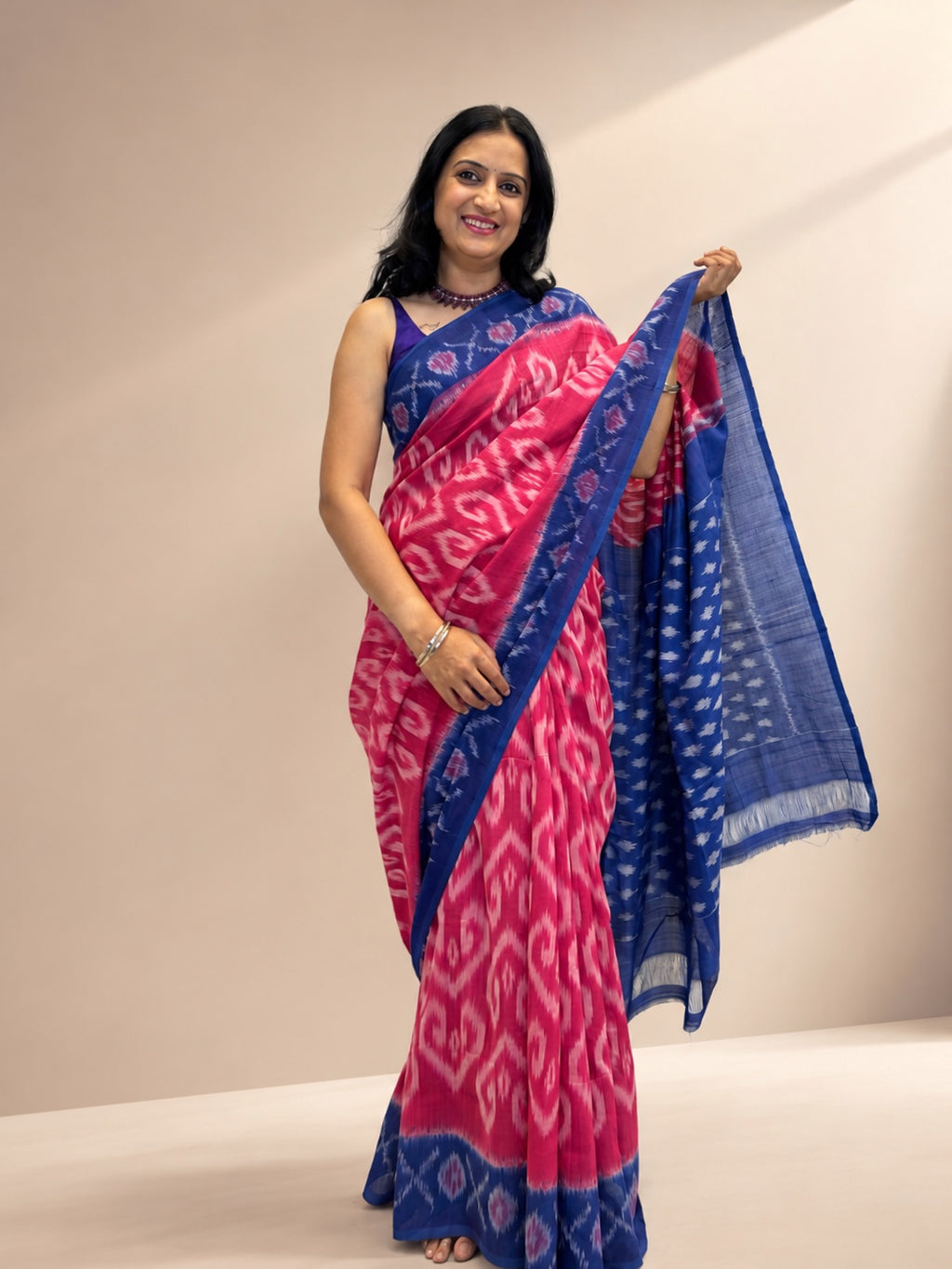 Ikat Saree - Fuchsia Pink with Royal Blue Border