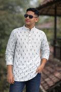 Men's Short Kurta - White Ikat