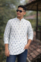 Men's Short Kurta - White Ikat