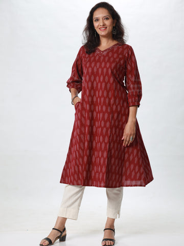 Woman's Semi Festive Cotton Kurti - Maroon Ikat