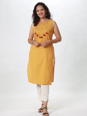 Woman's Semi Festive Cotton Kurti - Yellow