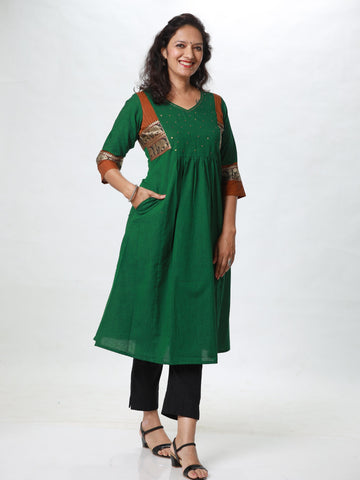 Woman's Semi Festive Cotton Kurti - Green