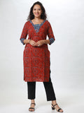 Woman's Semi Festive Cotton Kurti - Maroon Ajrakh