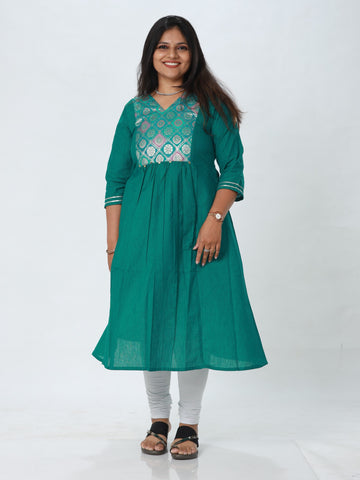 Woman's Semi Festive Cotton Kurti - Teal