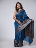 Semi Tussar Plain Saree with Border - Dark Blue