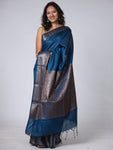 Semi Tussar Plain Saree with Border - Dark Blue