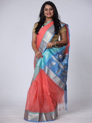 Kota Doria Saree with Zari Work - Peach & Blue