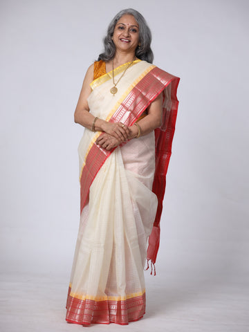 Kota Doria Saree with Zari Work - White