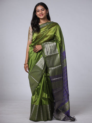 Mangalgiri Pattu Silk Saree with Rudraksh Border - Green & Blue