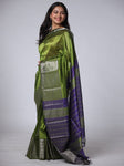 Mangalgiri Pattu Silk Saree with Peacock Border - Green & Blue