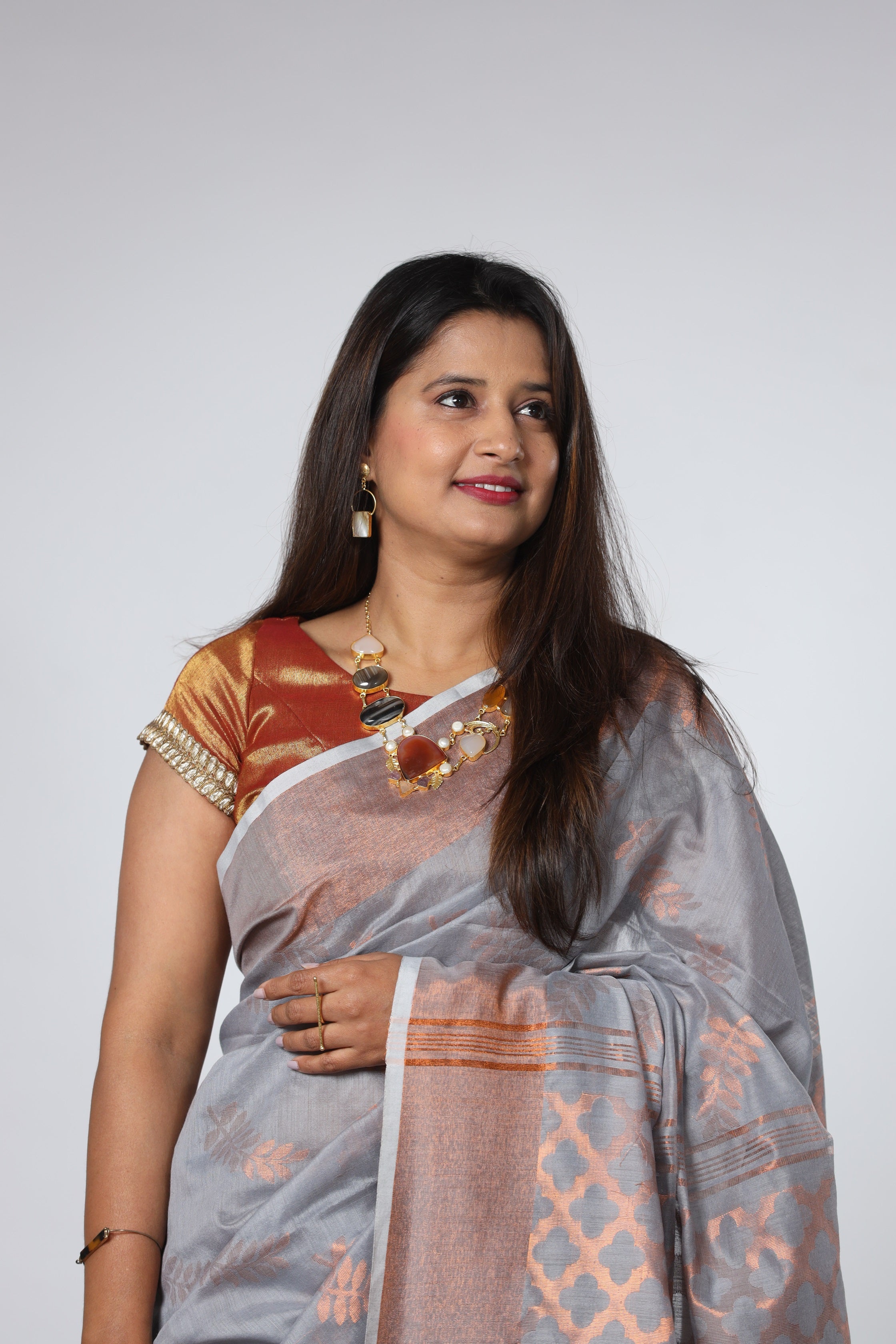 Cotton Silk Saree with Copper Jari - Light Grey