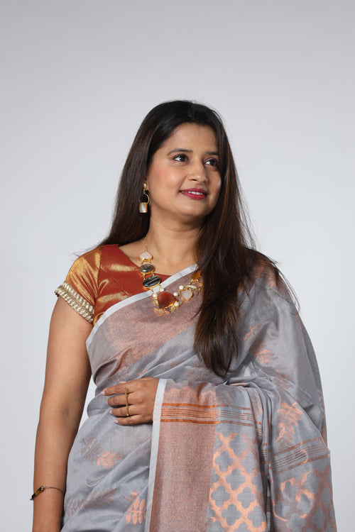 Cotton Silk Saree with Copper Jari - Light Grey