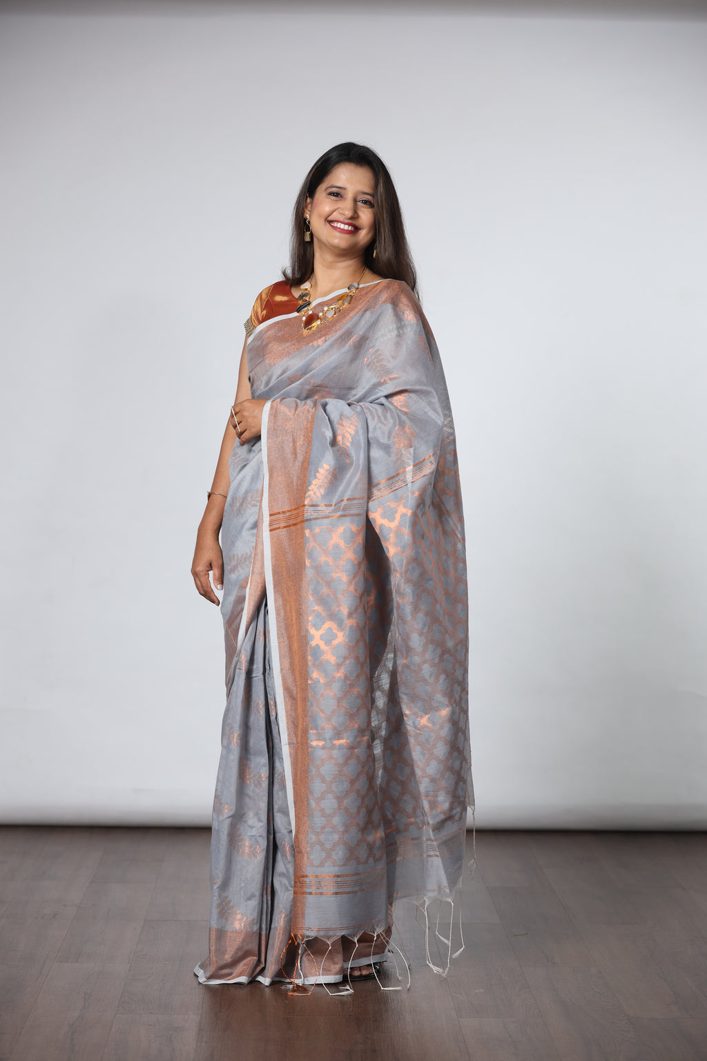 Cotton Silk Saree with Copper Jari - Light Grey