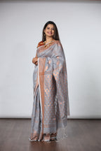 Cotton Silk Saree with Copper Jari - Light Grey
