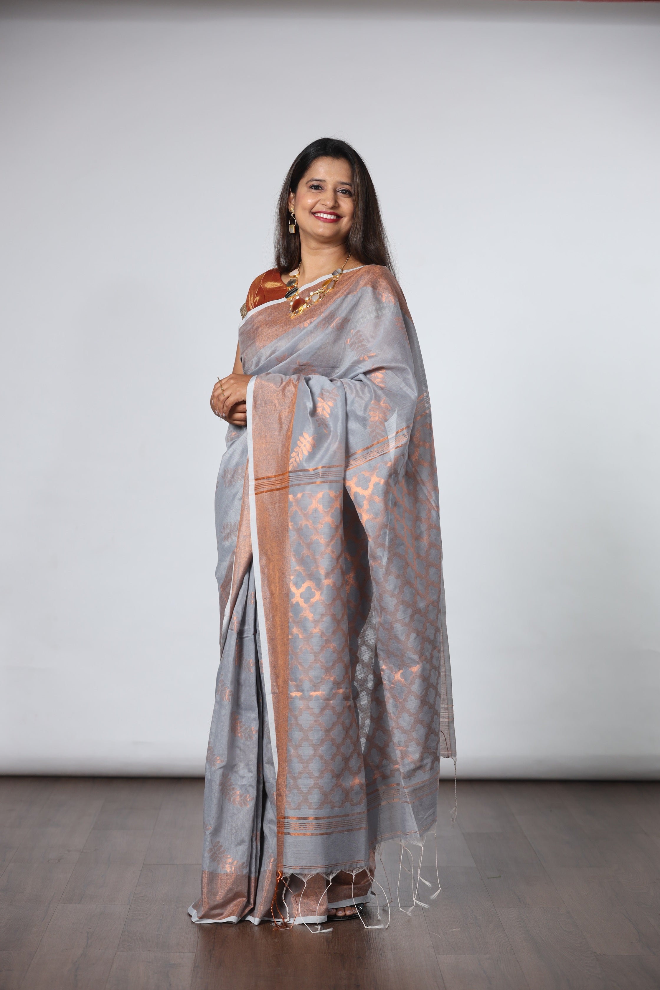 Cotton Silk Saree with Copper Jari - Light Grey