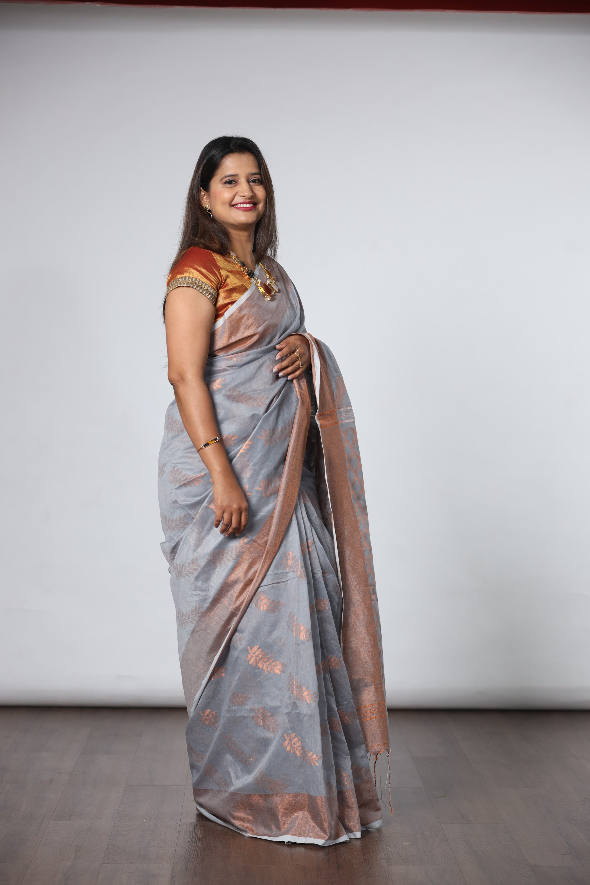 Cotton Silk Saree with Copper Jari - Light Grey