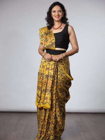 Ajrakh Modal Silk Saree - Yellow
