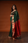 ANANDI - Maheshwari Silk Saree with Golden Butti - Green