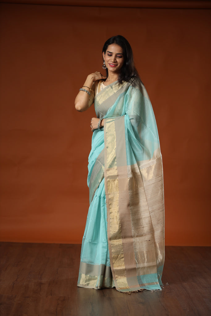 Buy Ocean Blue Self Printed Banarasi Saree online- Iraah