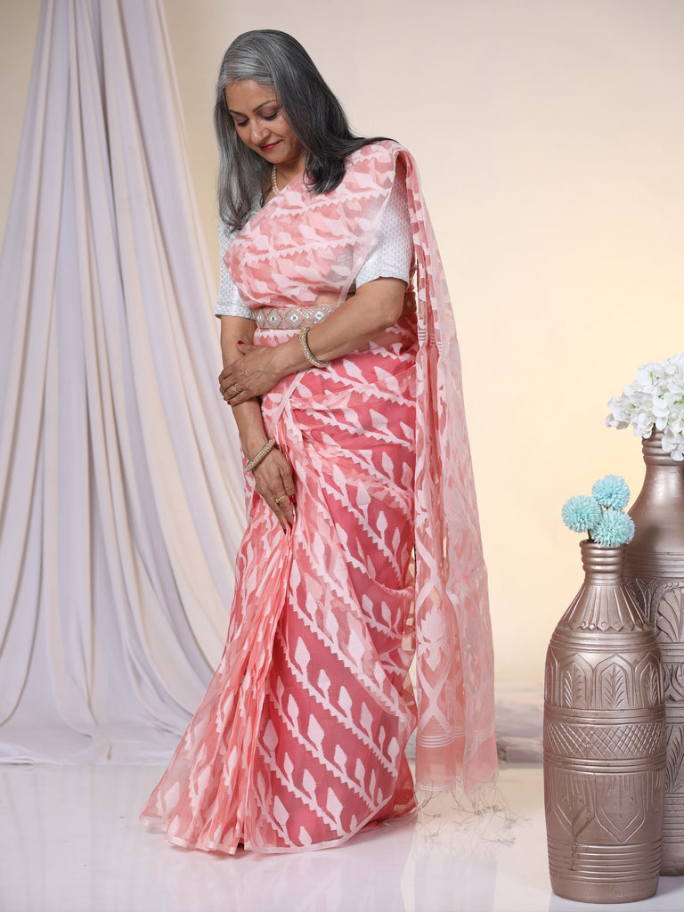 Pink and orange handwoven cotton jamdani saree – GoCoop