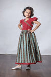 Tyohar - Girl's Cotton Long Frock - Maroon & Green