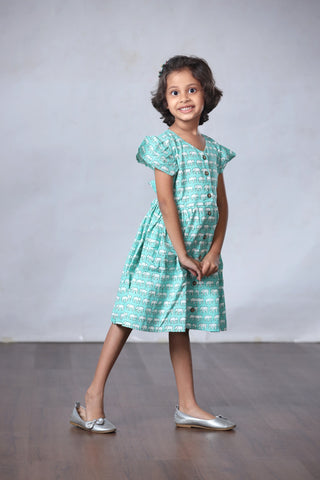 Girl's Cotton Frock - Green Elephant