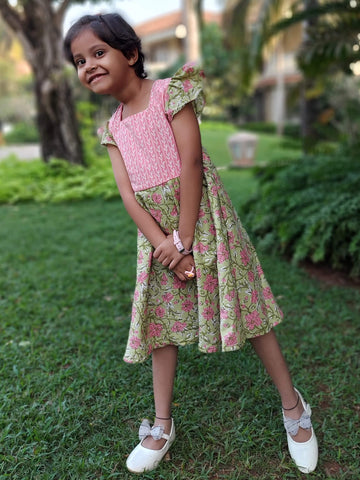 Girl's Cotton Frock - Green Pink Floral