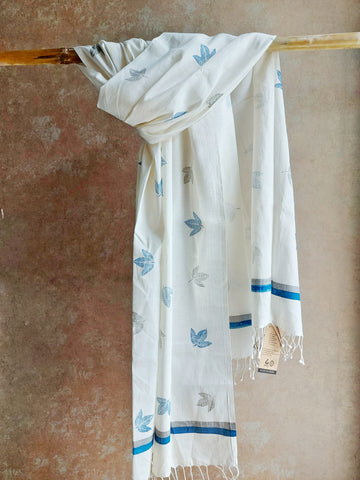 RUI - Organic Cotton Stole - Leaf Print - Blue & Grey