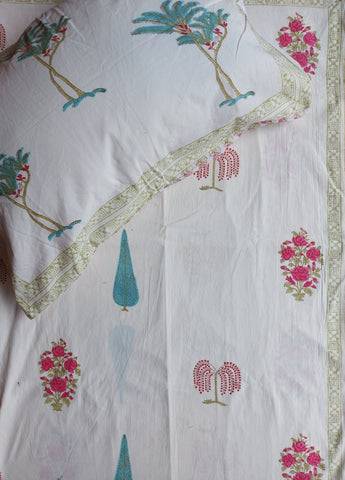 Heritage Single Bedsheet - Pink Flower & Coconut Tree