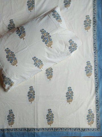 Premium Block Print Double Bedsheet - Blue