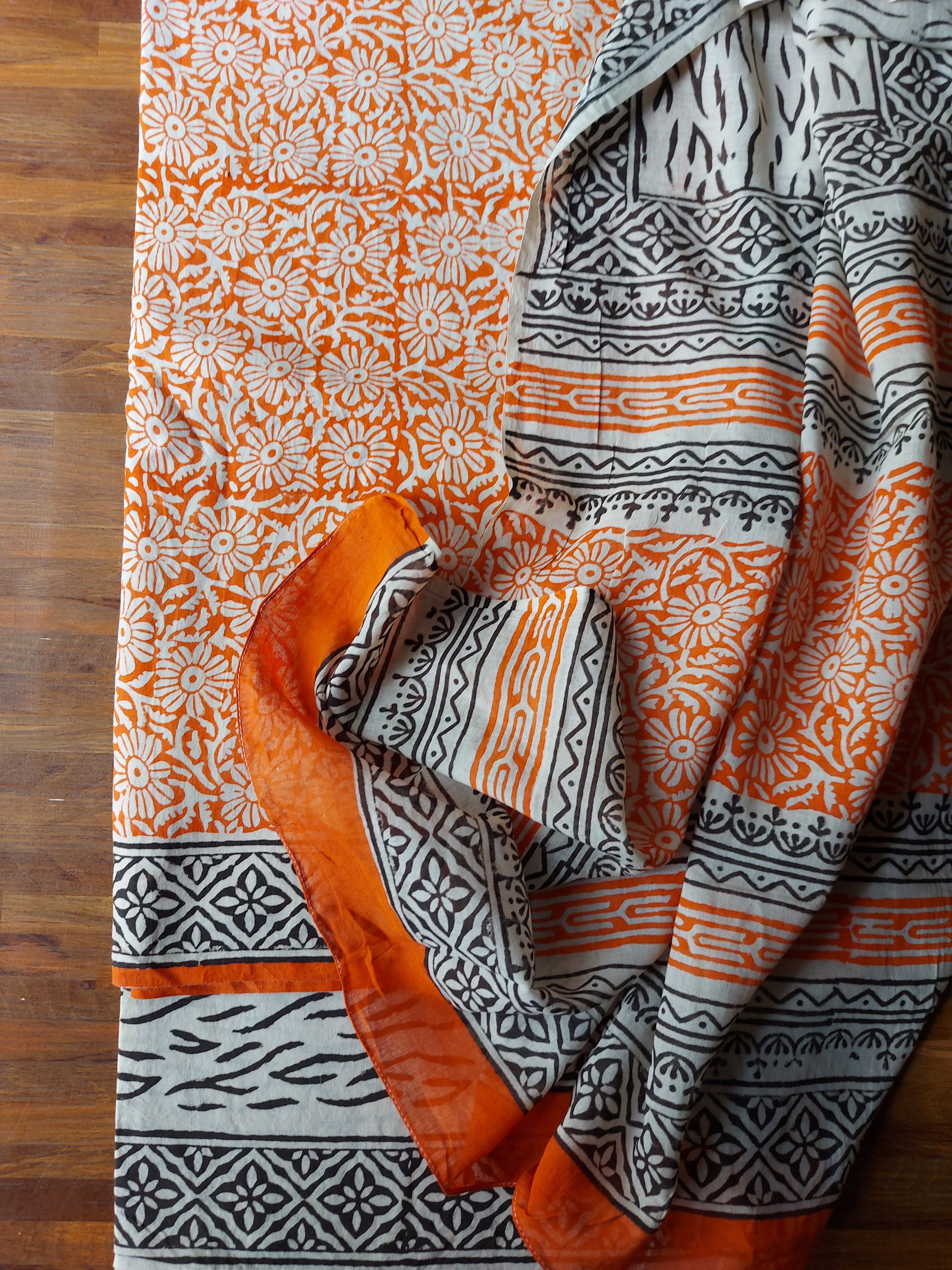 Sanganeri Cotton Suit Set - Orange
