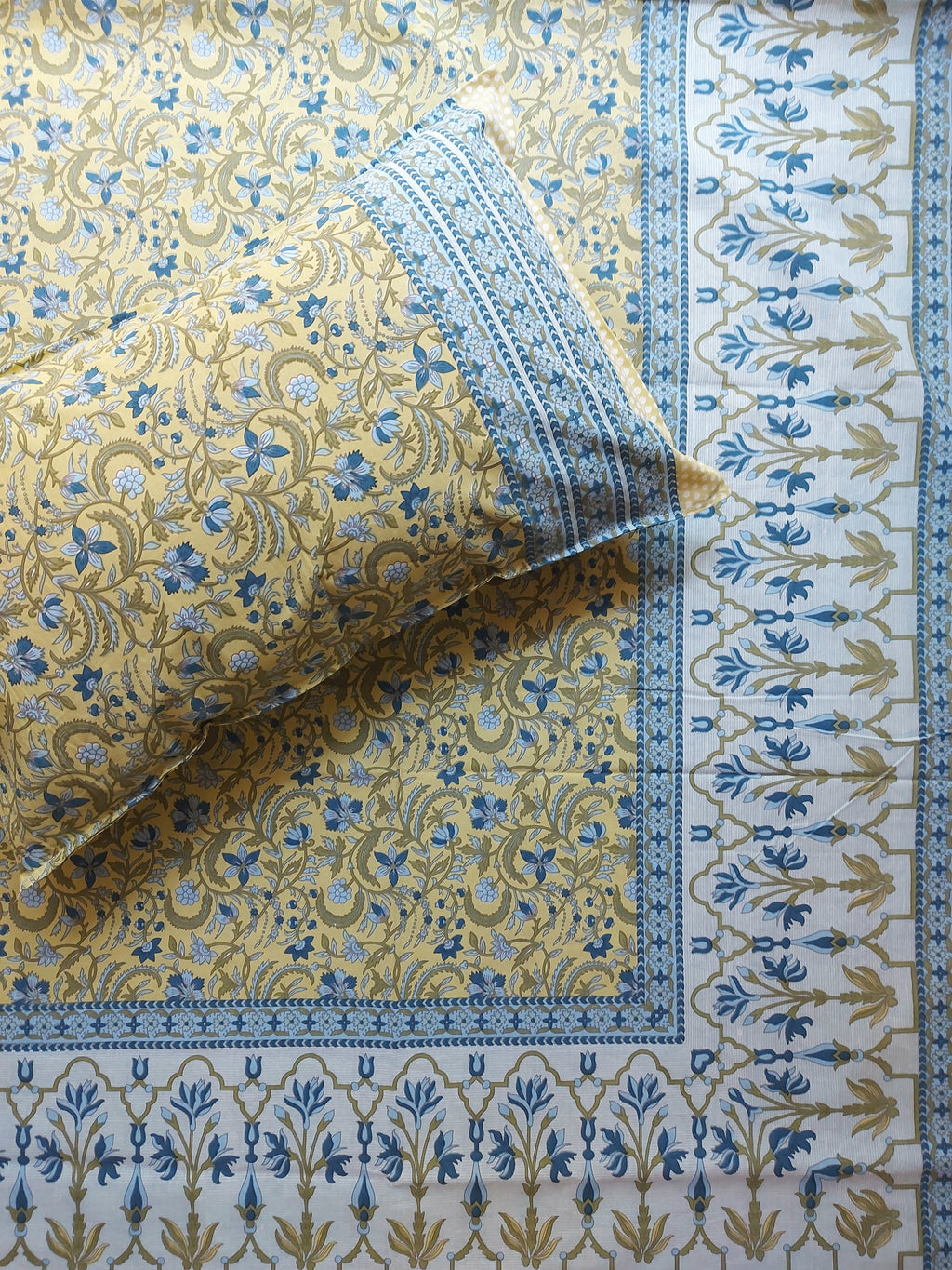 Baagh Double Bedsheet - Yellow & Blue