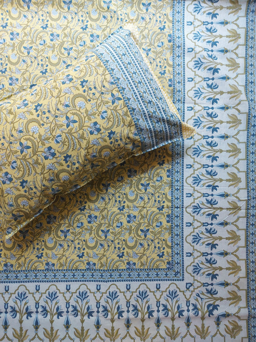 Baagh Double Bedsheet - Yellow & Blue