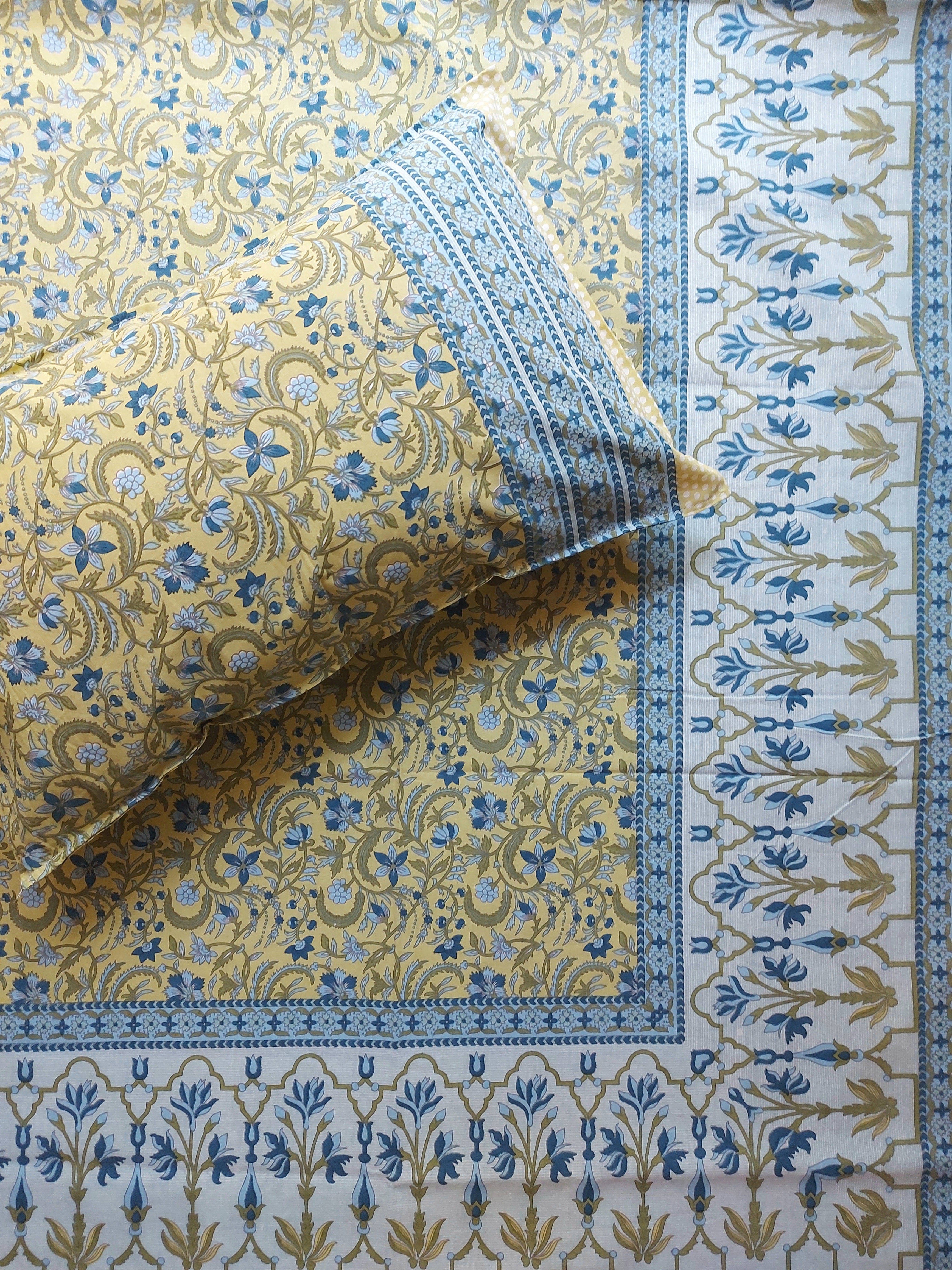 Baagh Double Bedsheet - Yellow & Blue