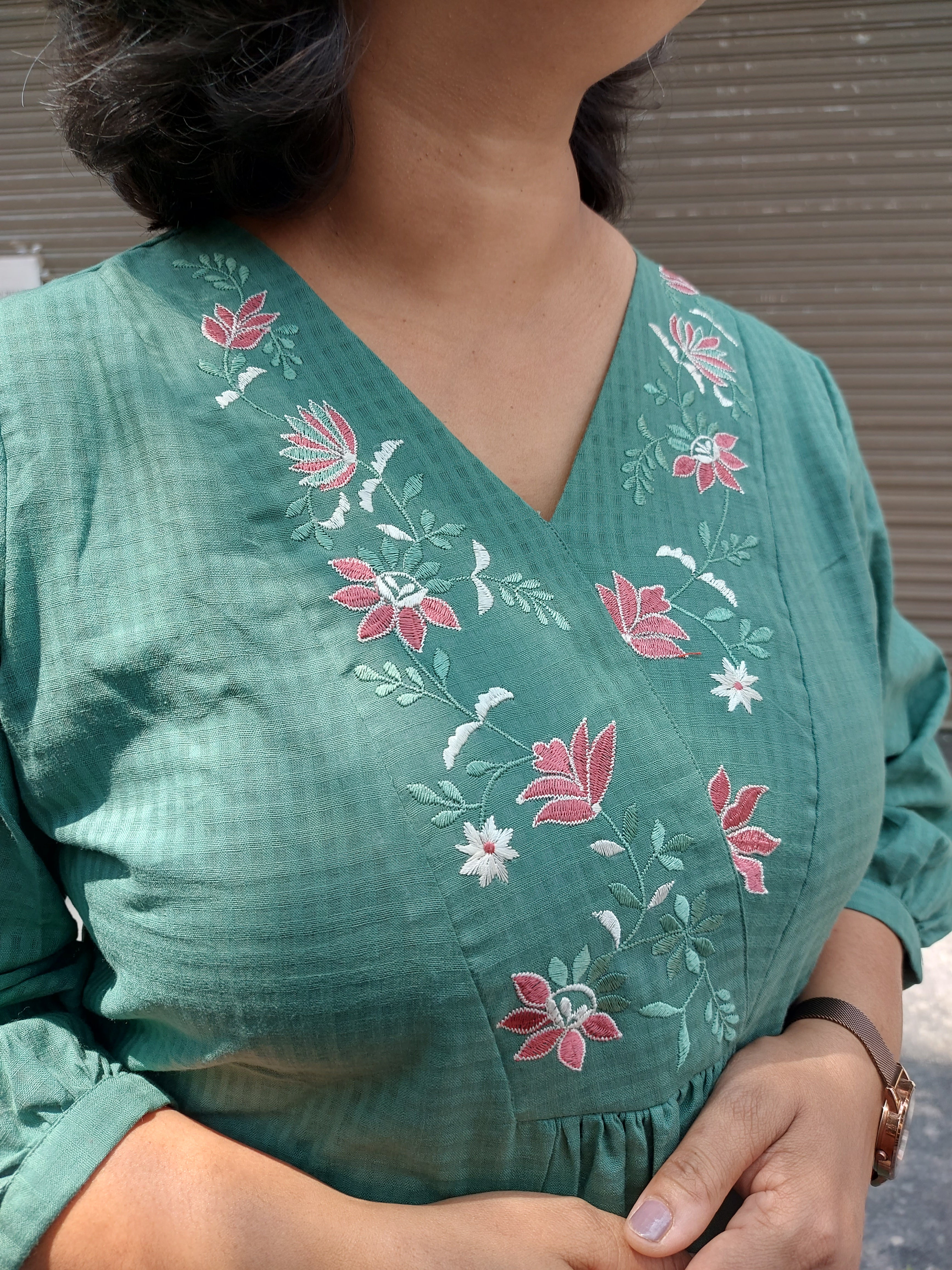 Woman's Semi Festive Cotton Kurti - Sage Green