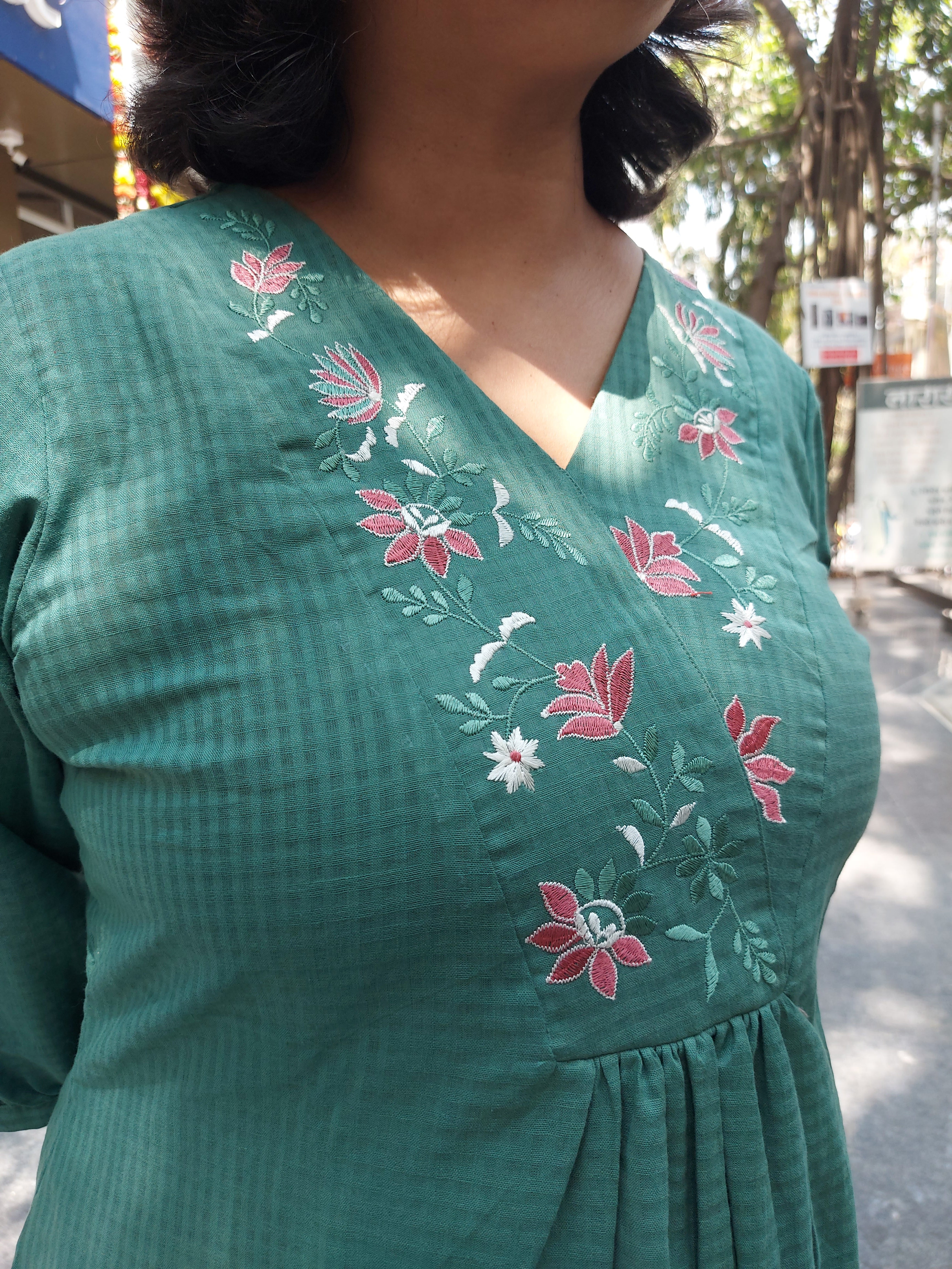 Woman's Semi Festive Cotton Kurti - Sage Green