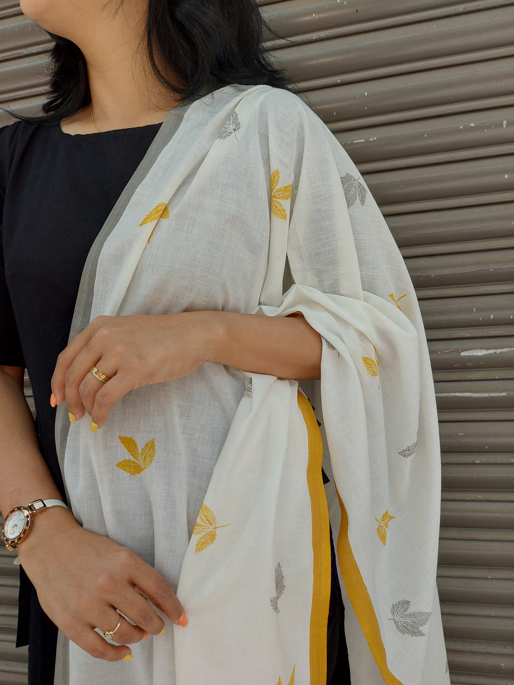 RUI - Organic Cotton Stole - Leaf Print - Mustard Yellow