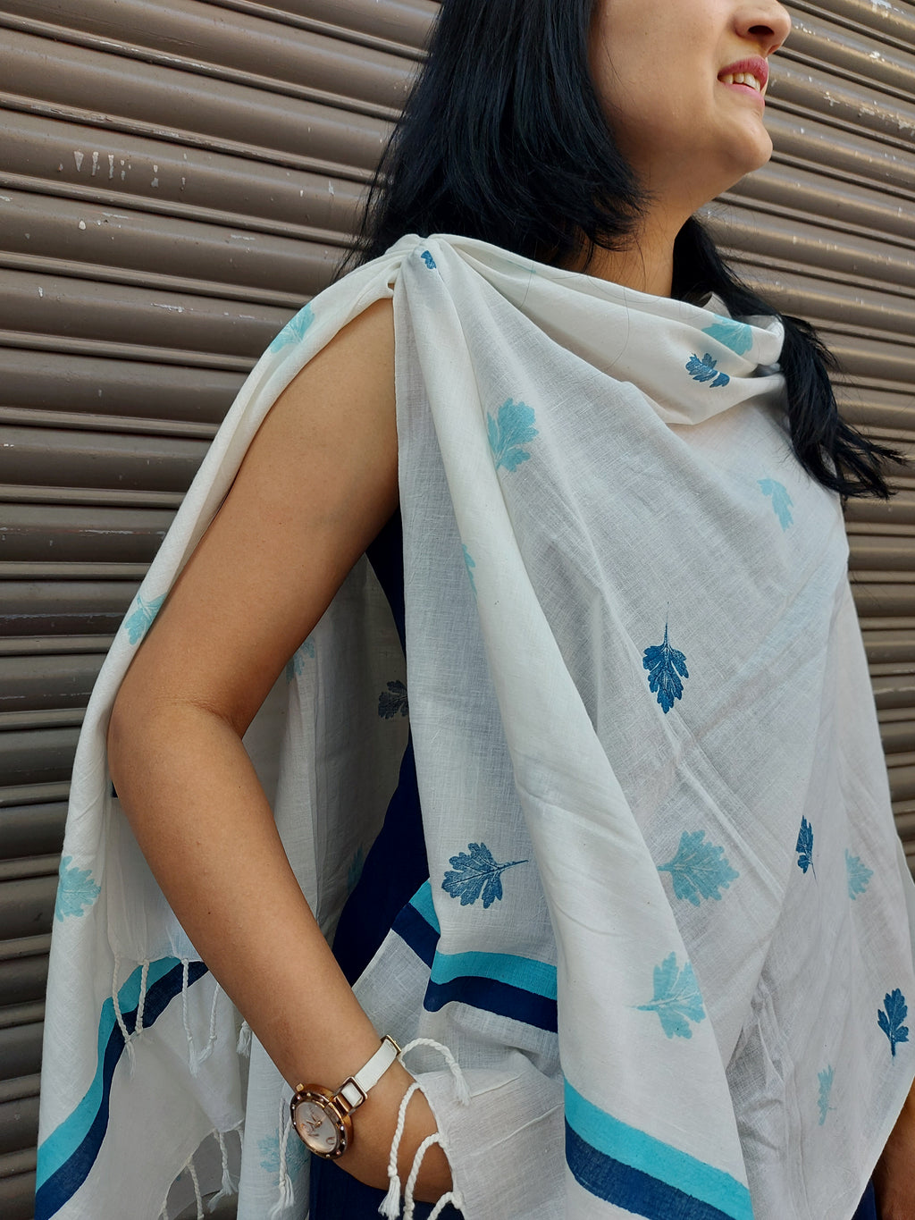 RUI - Organic Cotton Stole - Leaf Print - Blue