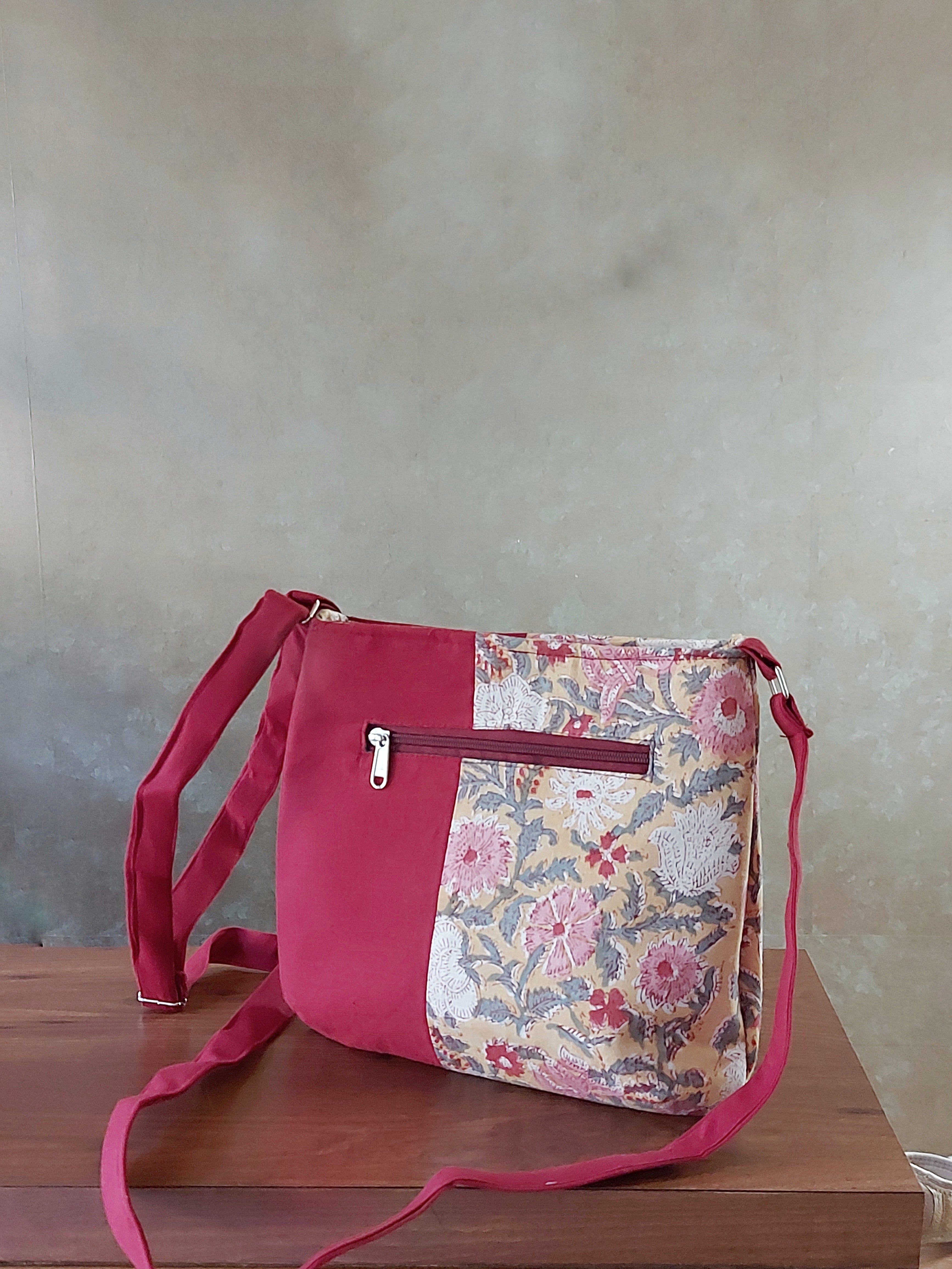 Cotton Rectangle Bag - Yellow & Maroon
