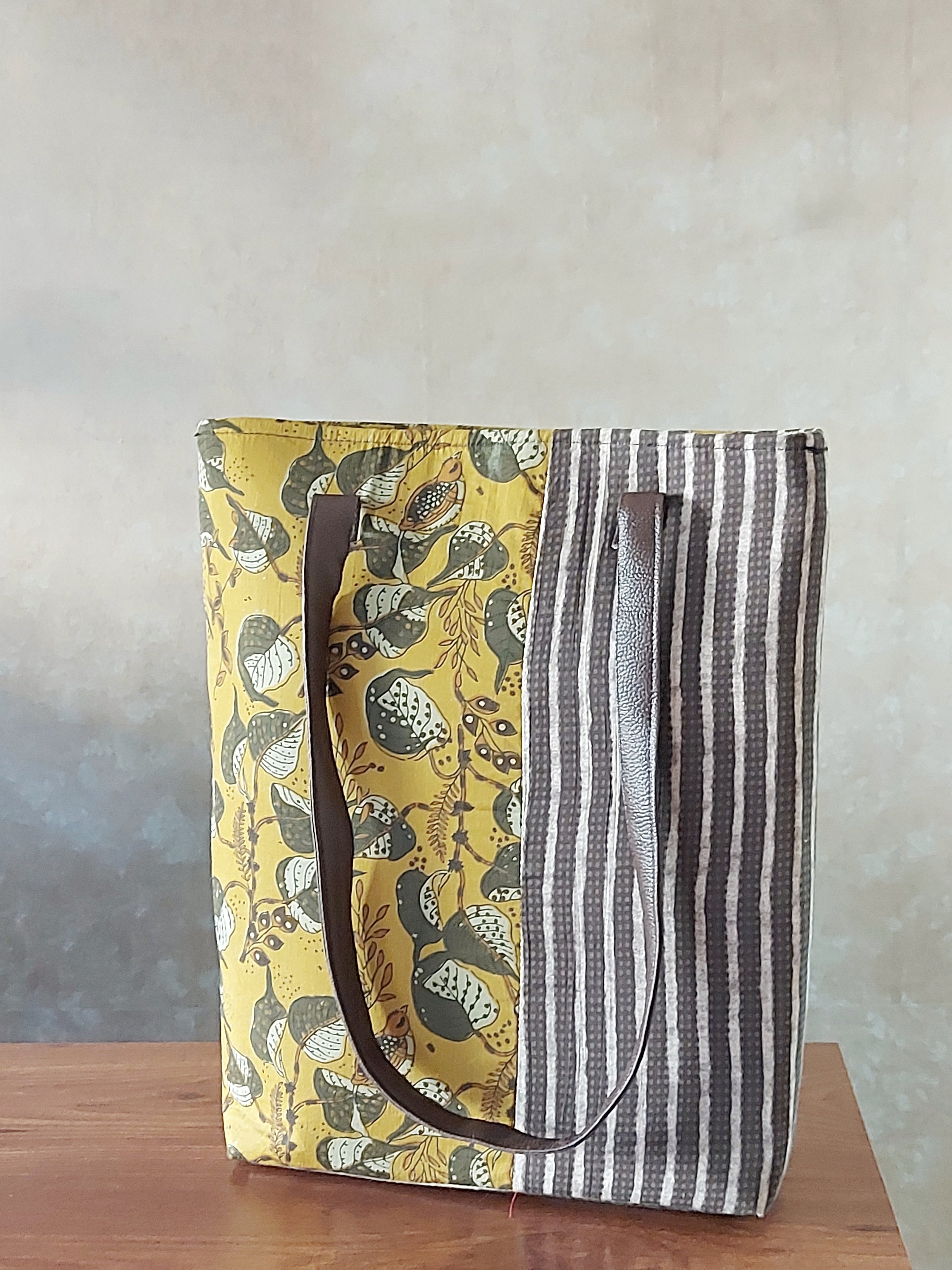 Cotton Tote Bag with Leather Belt - Yellow & Grey