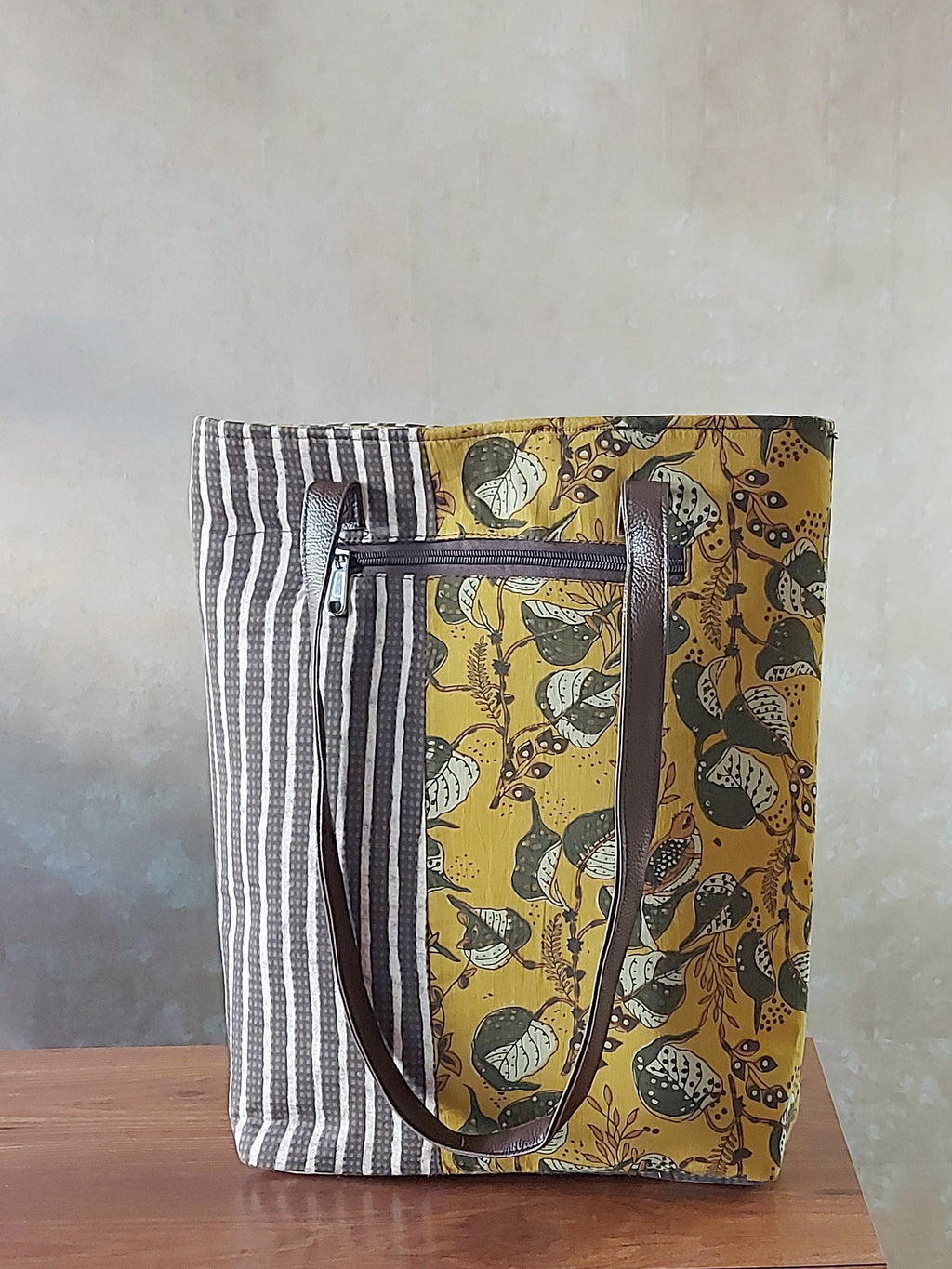 Cotton Tote Bag with Leather Belt - Yellow & Grey