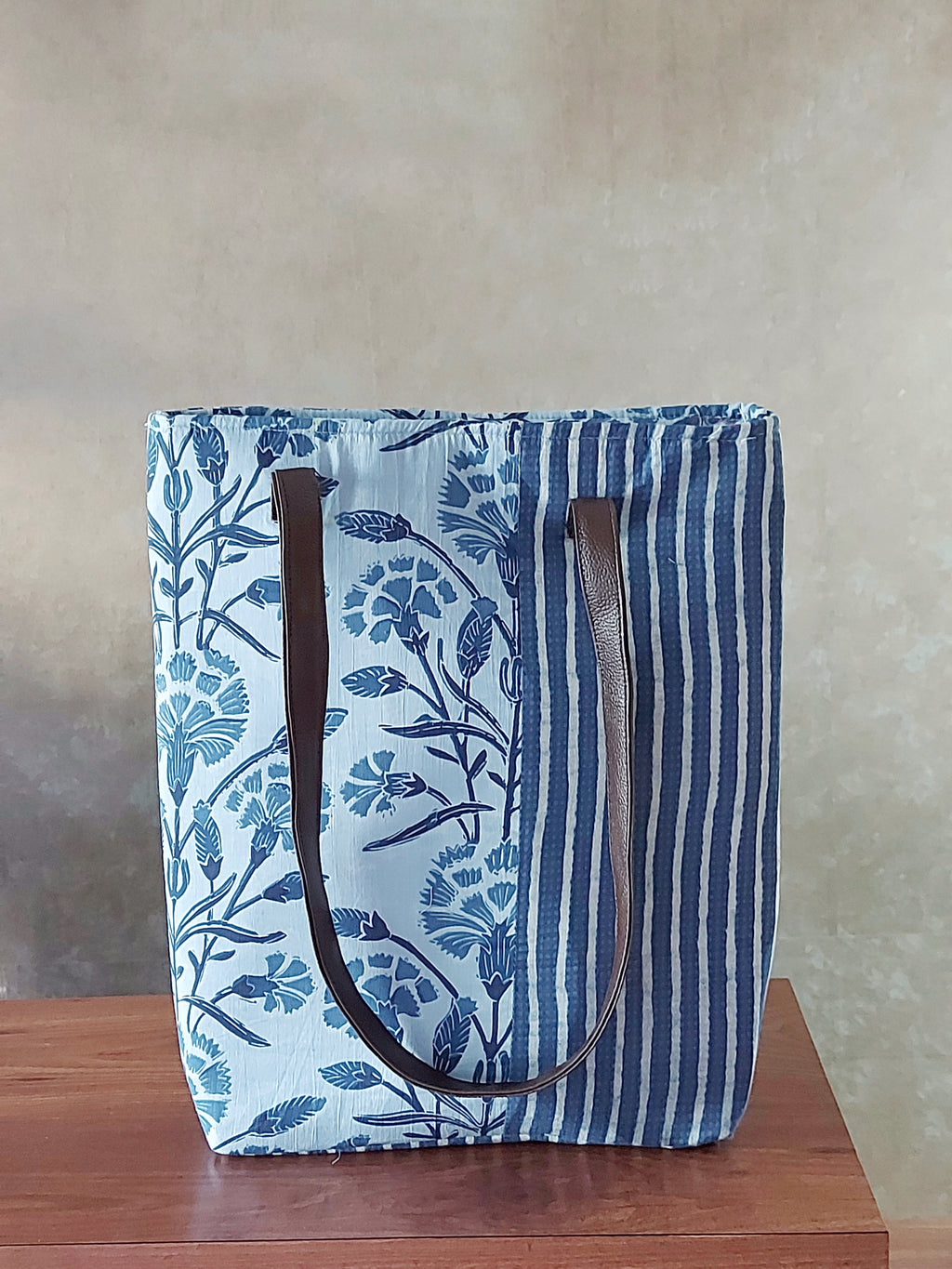 Cotton Tote Bag with Leather Belt - Blue
