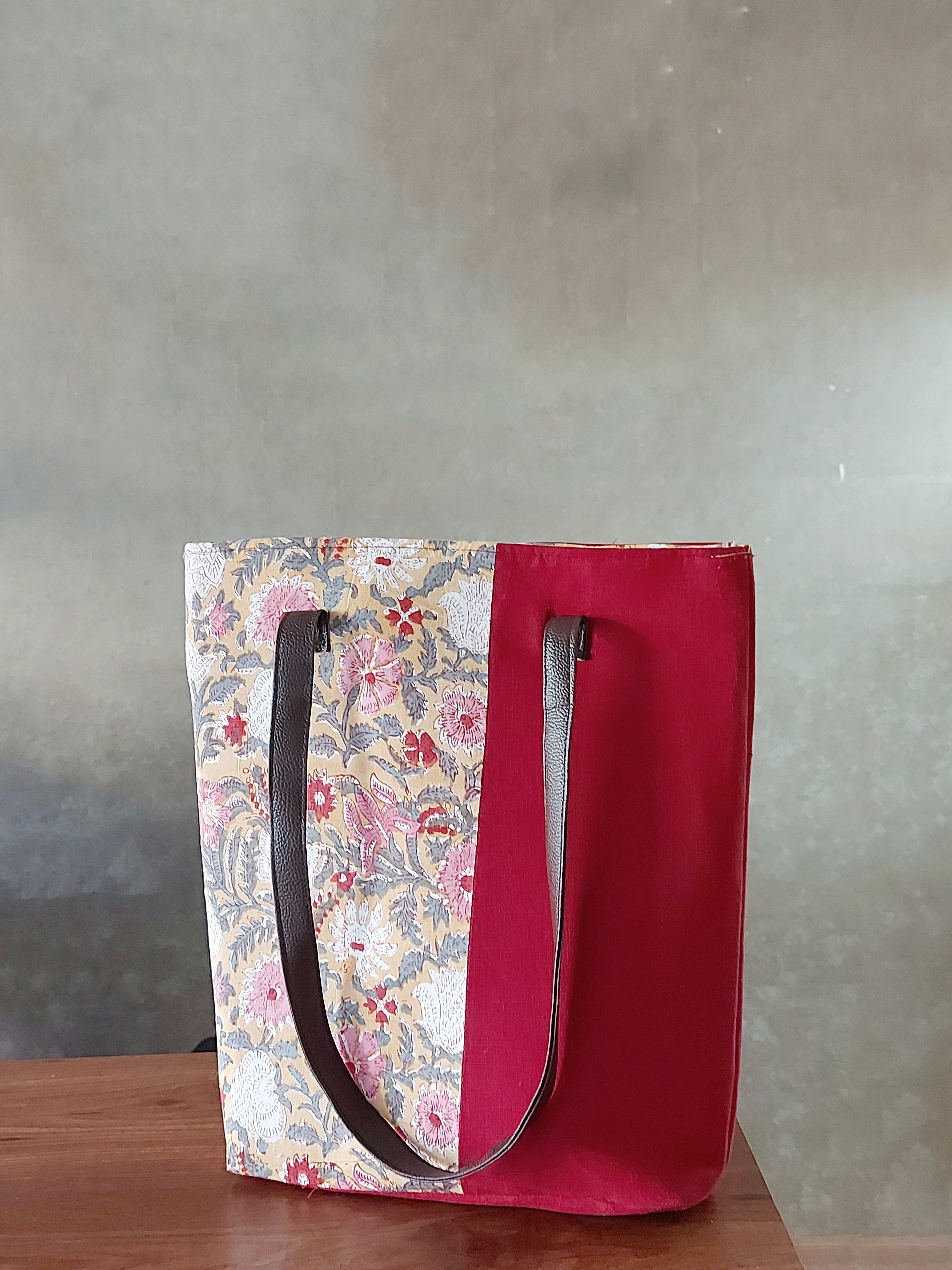 Cotton Tote Bag with Leather Belt- Yellow & Maroon