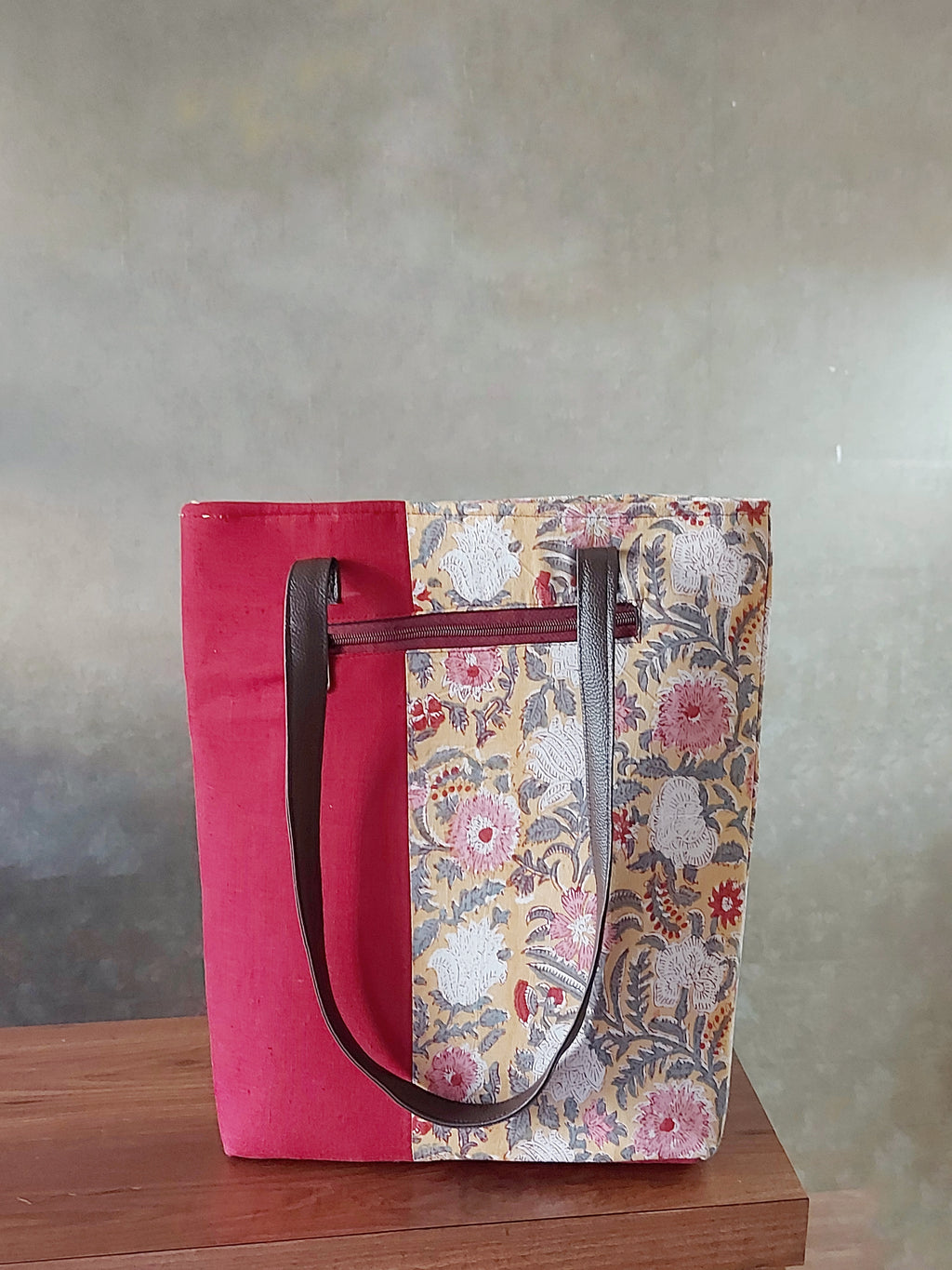 Cotton Tote Bag with Leather Belt- Yellow & Maroon