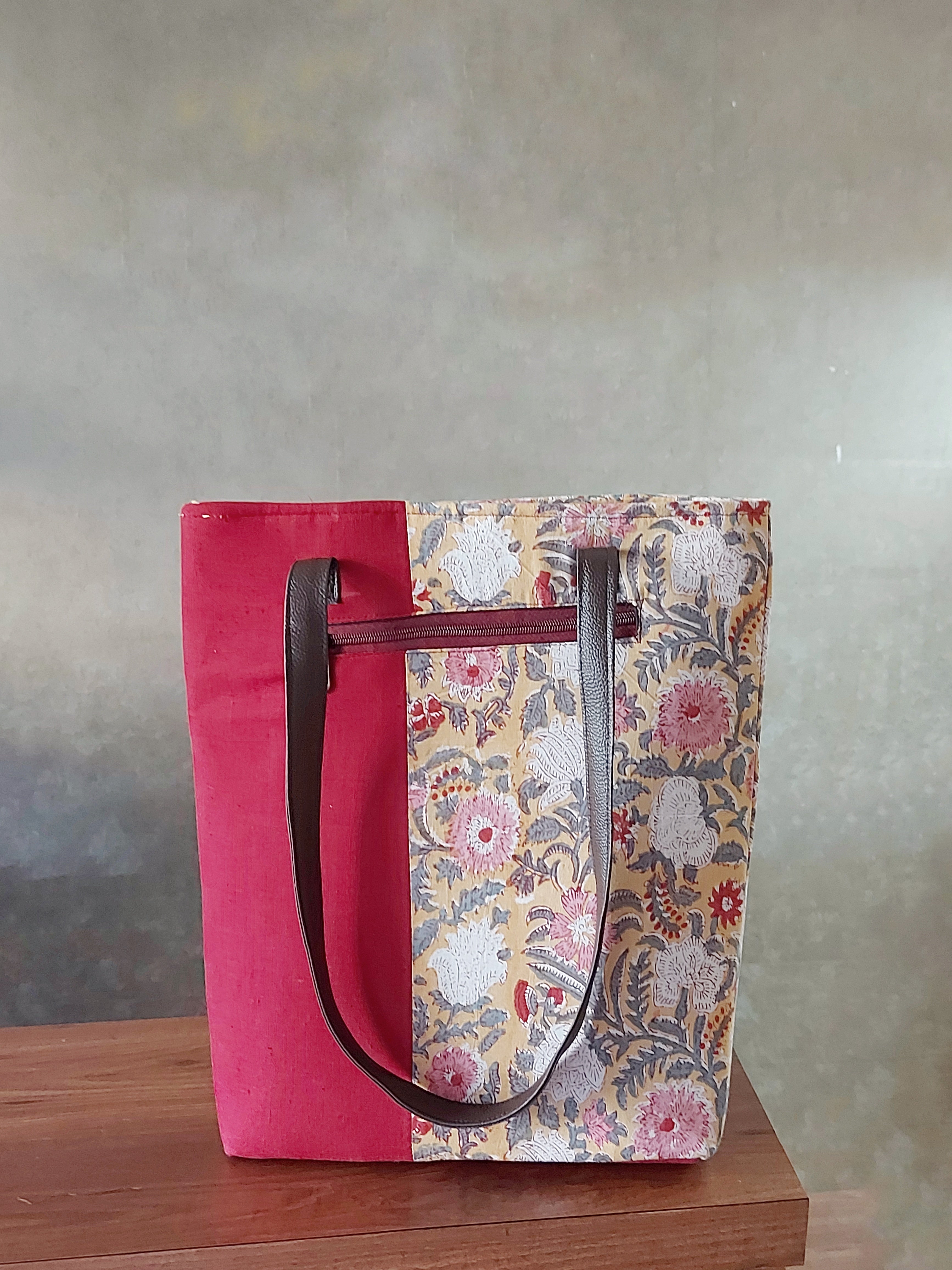 Cotton Tote Bag with Leather Belt- Yellow & Maroon