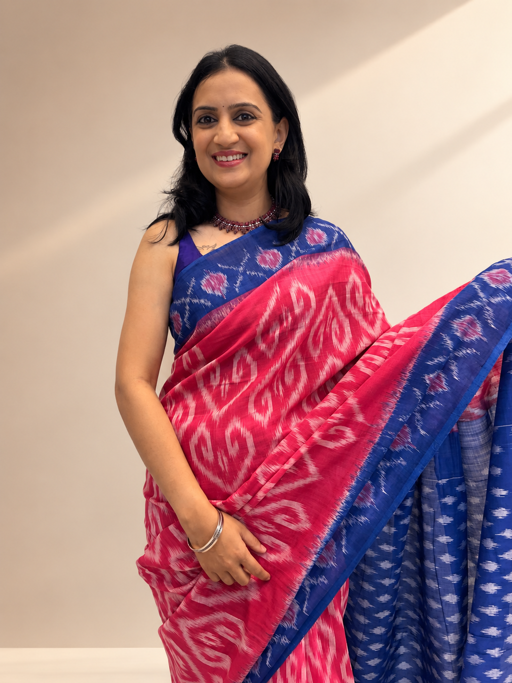 Ikat Saree - Fuchsia Pink with Royal Blue Border