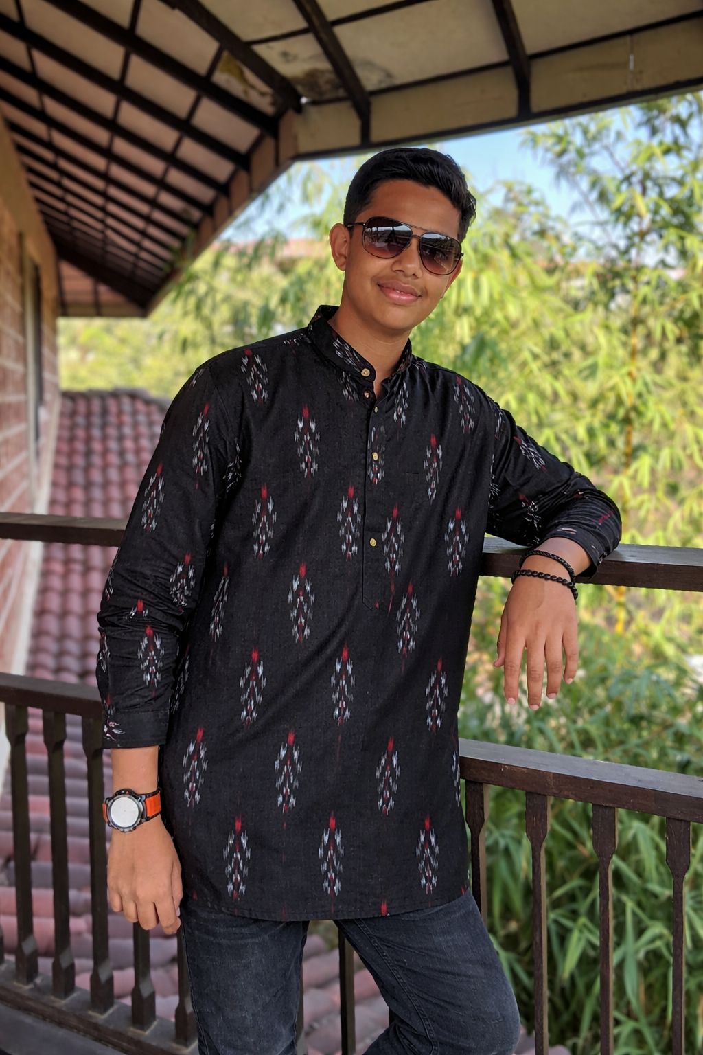 Men's Short Kurta - Black Ikat