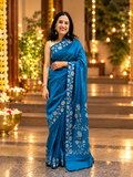 Rose Border Soft Silk Saree - Turquoise