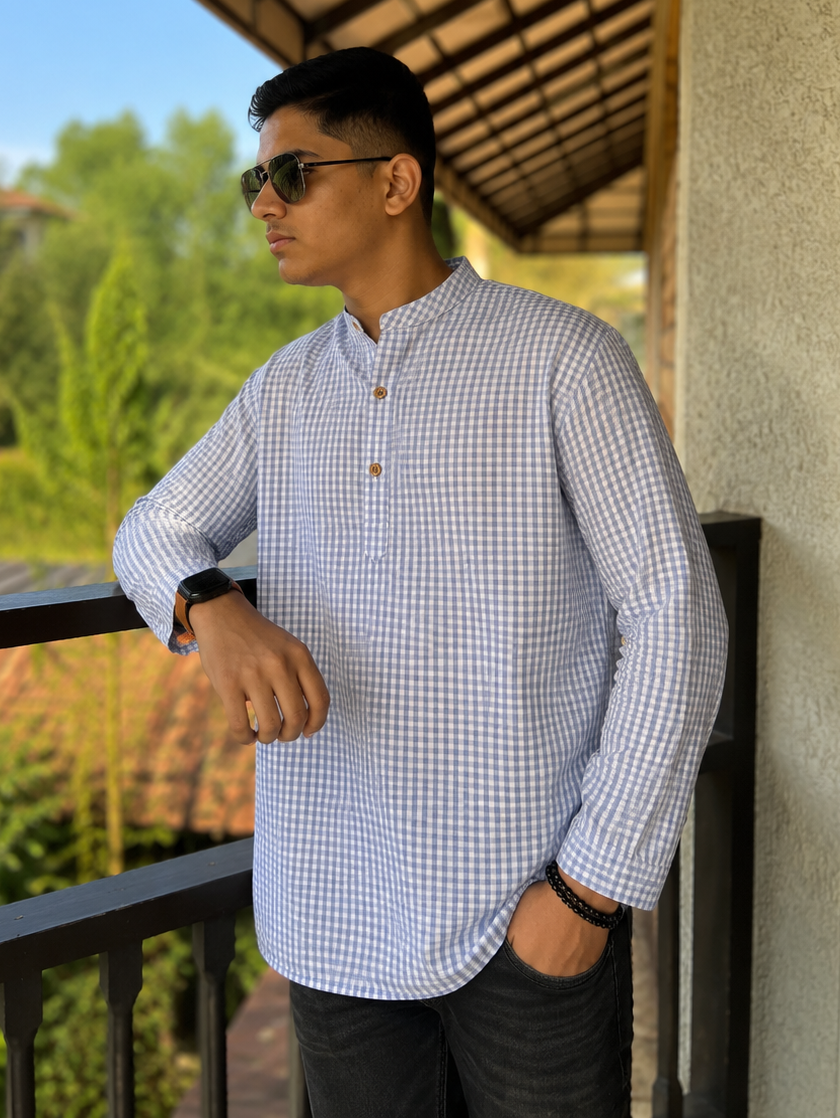 Men's Short Kurta - Sky Blue & White